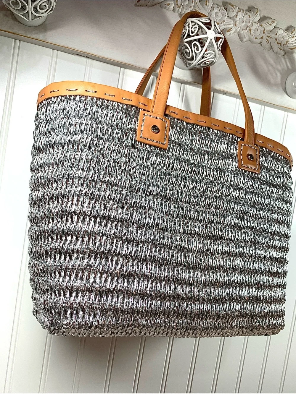 Tory Burch Woven Metallic Tote with Tan Leather Trim Beautiful NWOT